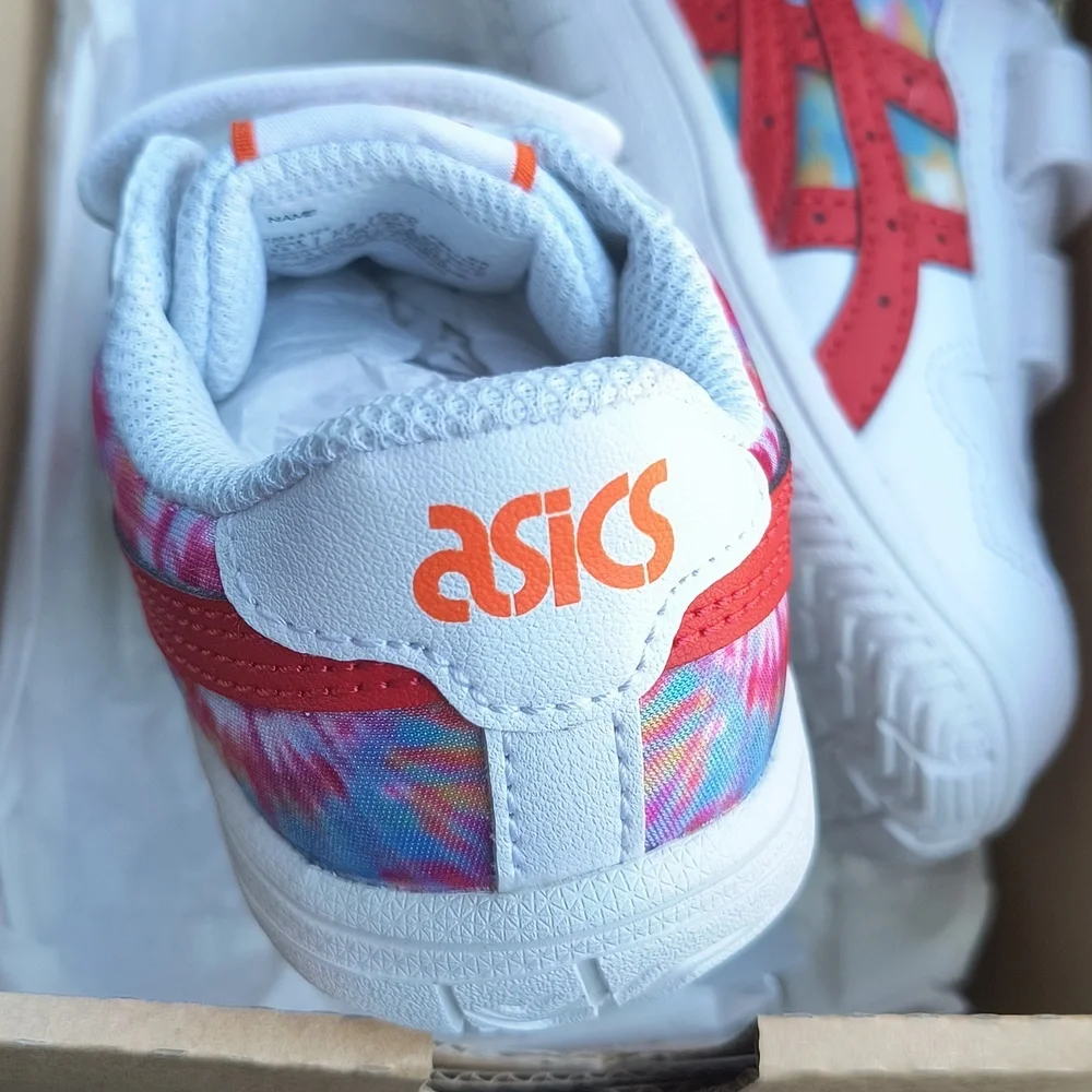 Asics Kids White Sneakers with Red Stripes and Multicolor Tie-Dye
